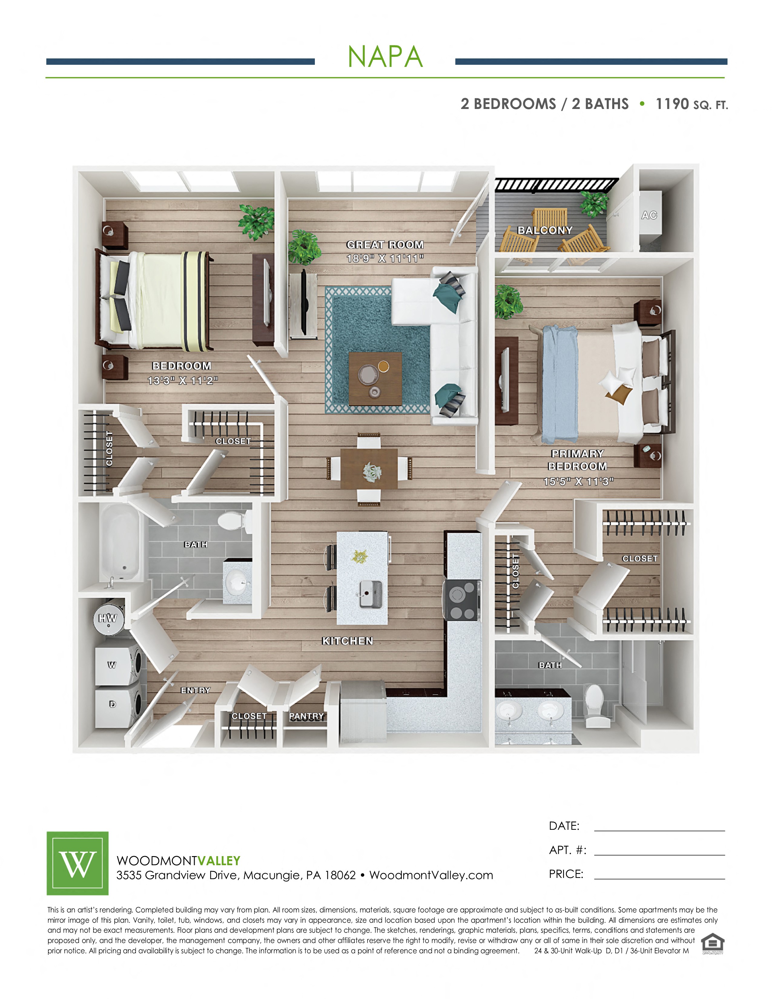 Floor plan for 2 beds, 2 baths, 1190 sqft